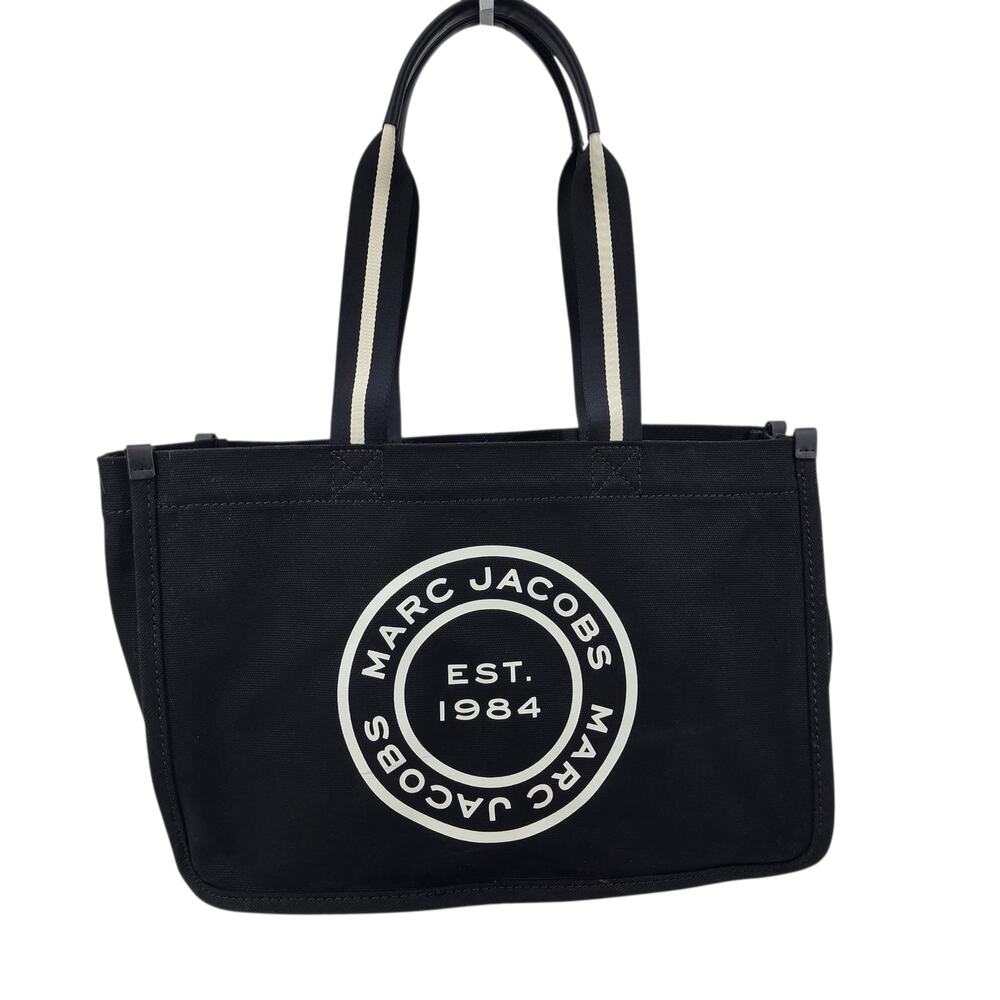 Marc Jacobs Black Signet Logo Large Canvas Zip Top Shoulder Tote Bag